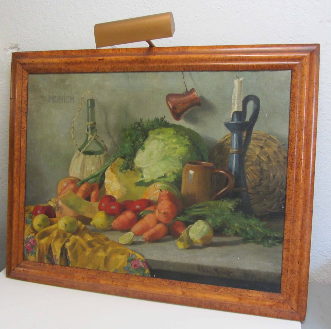 20th C. Still life painting: 20th C. Still life painting with original birds eye maple frame 31 x 39 Auction Estimate 300-600