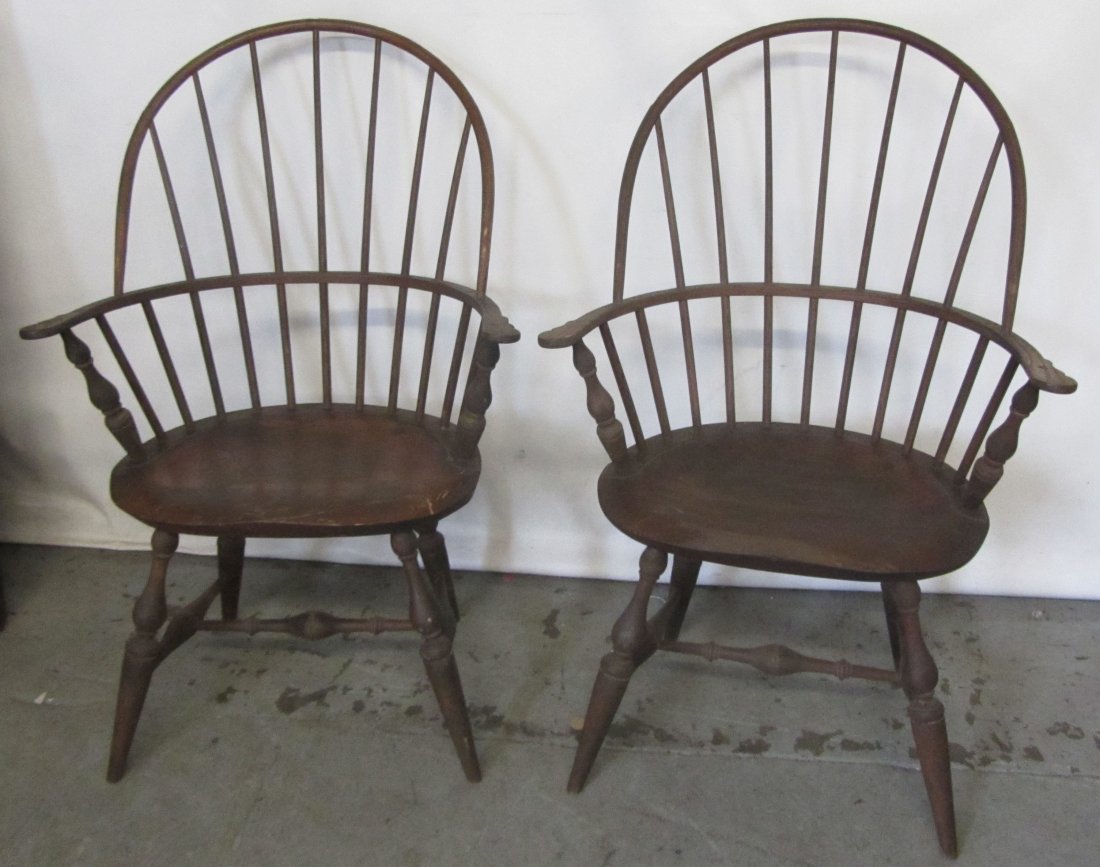 Pr. 18th C. American continuous arm Windsor chairs: Pr. 18th C. American continuous arm Windsor chairs signed W.C.W. 40 1/2"h Auction Estimate 400-800