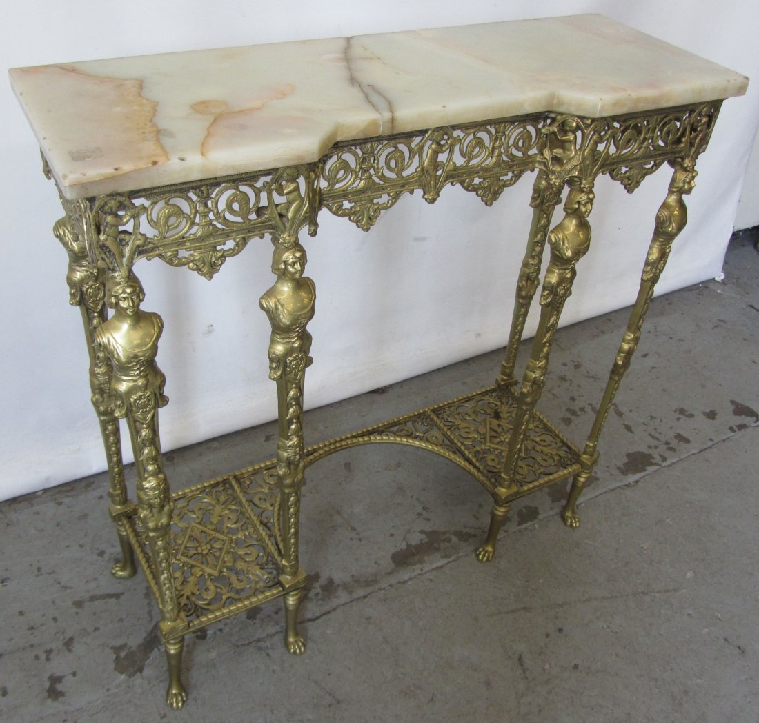 C1900 Marked Oscar Bach American pier table: Rare C1900 Cast bronze and onyx top American pier table by signed Oscar Bach, NY 33 x 33 x 12 Auction Estimate 600-1200
