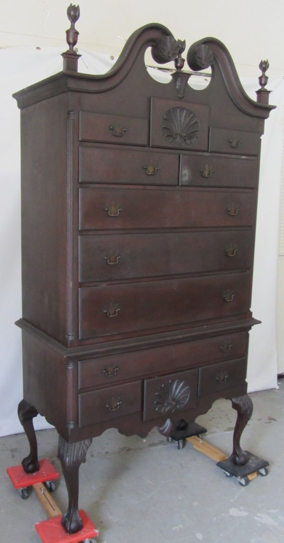Mahogany Philidelphia Centennial 2 part highboy: Period Mahogany Philidelphia Centennial 2 part highboy with broken arch top and flame finials 81 x 42 x 22 Auction Estimate 750-1500