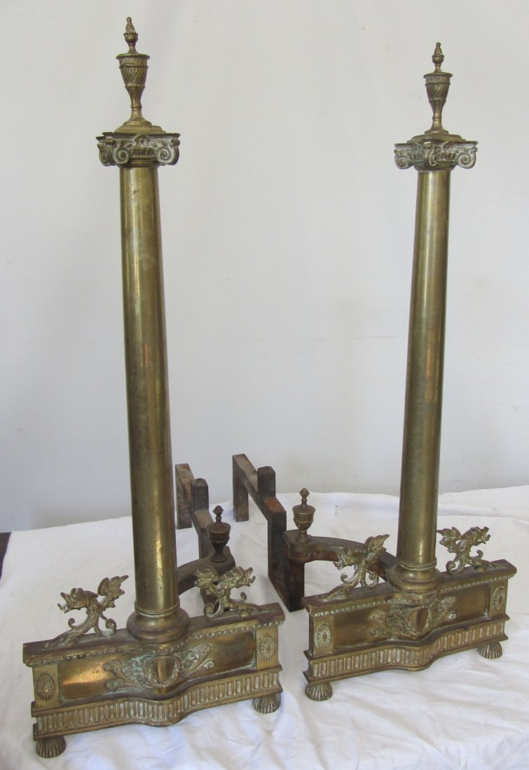 Pr. 19th C. Bronze andirons with winged griffins: Pr. 19th C. Bronze andirons with winged griffins 27 1/2 x 10 x 20 Auction Estimate 200-400