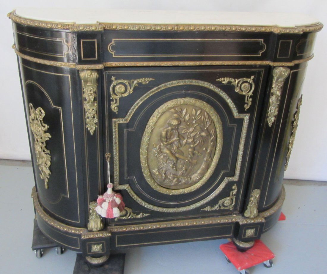 19th C. Marble top bronze mounted credenza: Museum Quality 19th C. Marble top bronze mounted credenza 43 x 45 x 16 1/2 Auction Estimate 1250-2250