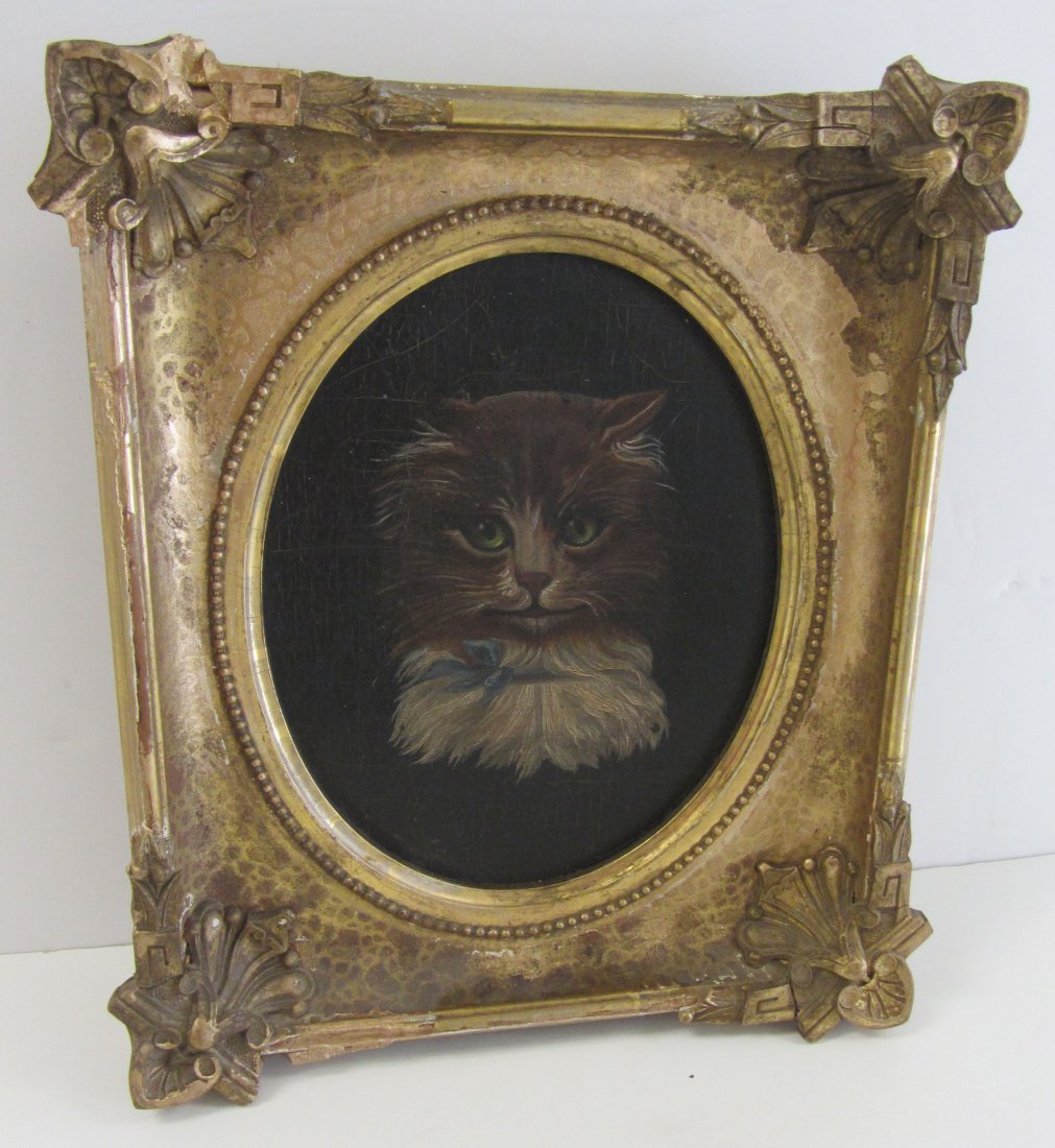 19th C. Folk Art painting of cat: 19th C. Folk Art painting of cat with original gilt frame 14 x 12 Auction Estimate 200-400