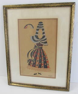 Picasso watercolor of Spanish Dancers costume: Original Picasso watercolor 1900-1926 set from Costumes ballet russes and parade as seen in William and Mary Museum UK 24 x 19 Auction Estimate 4000-8000