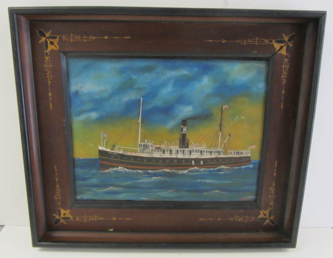 Large 19th C. painting of ship signed Jackson: Large 19th C. painting of ship signed Jackson in beautiful Eastlake frame 19 x 22 Auction Estimate 500-1000