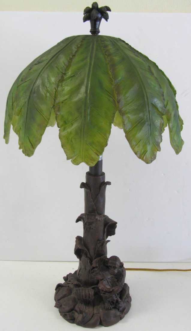 20th C. Monkey table lamp: 20th C. Monkey table lamp with original signed palm tree shade 30"h Auction Estimate 200-400