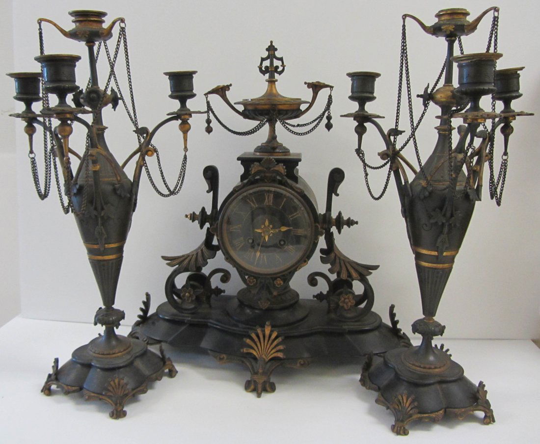 Rare Bronze Renaissance Am. 3 piece clock set: Rare Bronze Renaissance American 3 piece clock set 16 1/2"h Auction Estimate 600-1200