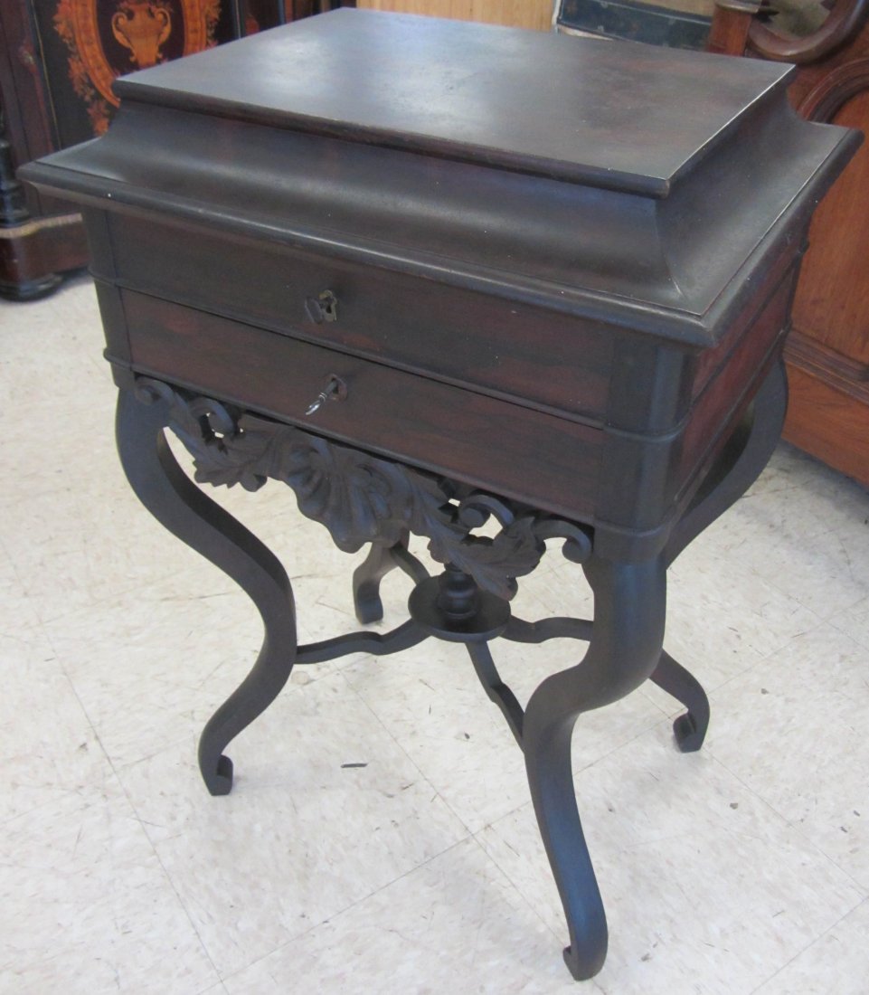 Rosewood rococo Belter lift top sewing stand: Rare 19th C. Rosewood rococo Belter lift top sewing stand 32 x 21 1/2 x 17 Auction Estimate 750-1500