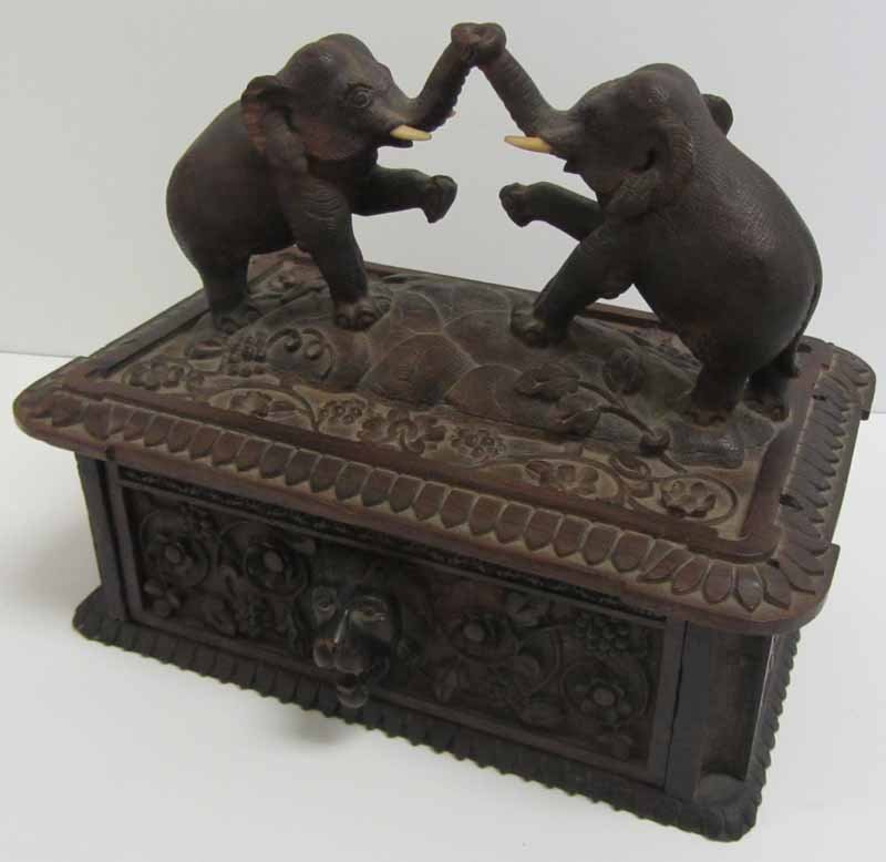 Antique Black Forest rosewood carved jewelry box: 19th C. Antique Black Forest rosewood carved jewelry box with elephants 7 x 9 x 6 Auction Estimate 250-500