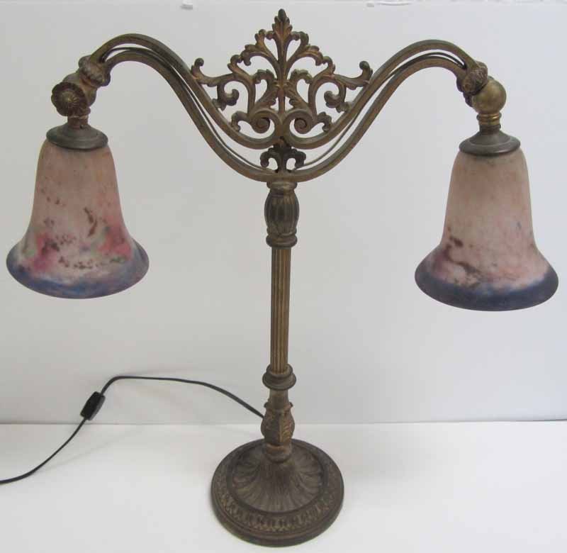 C1900 Bronze French desk lamp: C1900 Bronze French desk lamp with signed art glass shades Auction Estimate 300-600