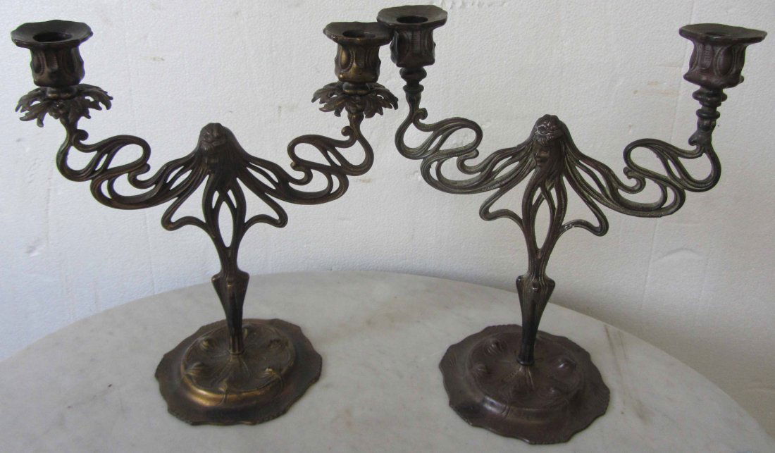 Pr. Art Nouveau style bronze candelabras: Pr. Art Nouveau style bronze candelabras 12 1/2"h Auction Estimate 100-300