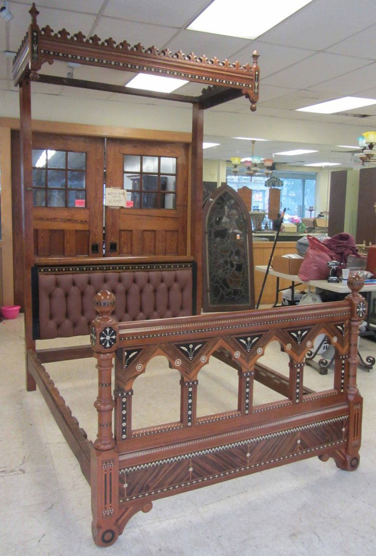 Aesthetic American walnut half tester bed: Museum Quality Aesthetic American walnut and rosewood half tester bed with mother of pearl inlays fits full or queen size 102 x 60 x 80 1/2 Auction Estimate 1500-2500