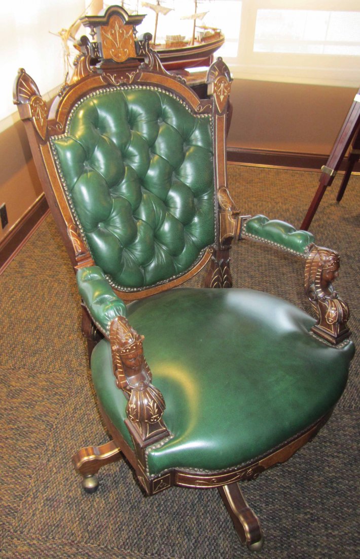 19th C. Victorian American Jelliff office chair: 19th C. Renaissance Victorian American walnut John Jelliff swivel leather office chair 48"h x 27"w x 24"d Auction Estimate 400-800