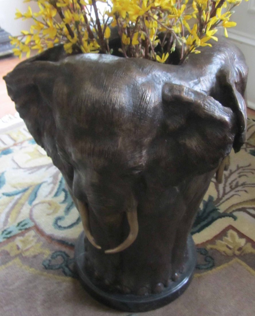 20th C. Bronze umbrella rack with elephant heads: 20th C. Bronze umbrella rack with elephant heads and marble base Auction Estimate 250-500