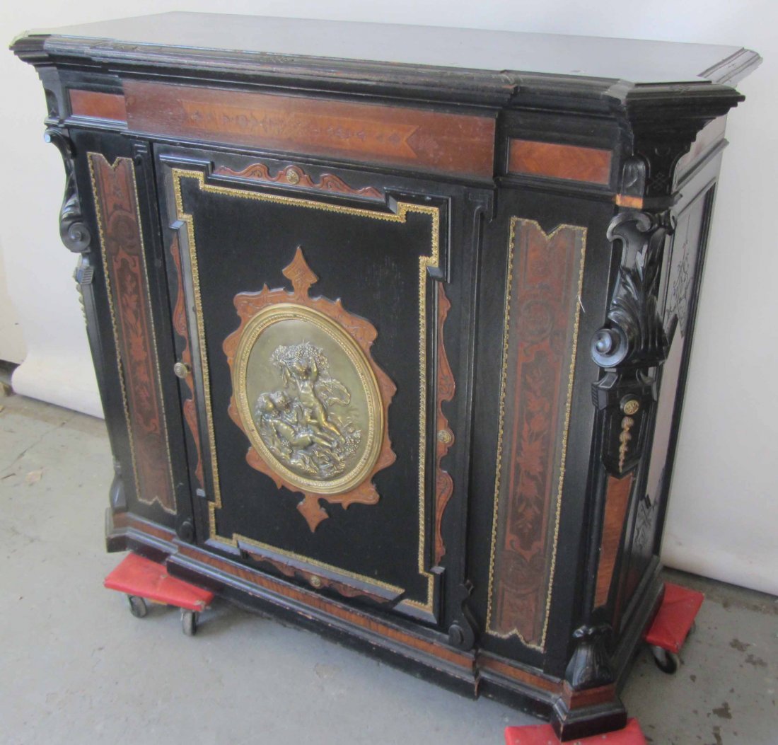 19th C. American Pottier and Stymus credenza: Fine Quality 19th C. American Pottier and Stymus credenza with detail inlay work, bronze mounts and birds eye maple interior 41 x 48 x 17 Auction Estimate 600-1200