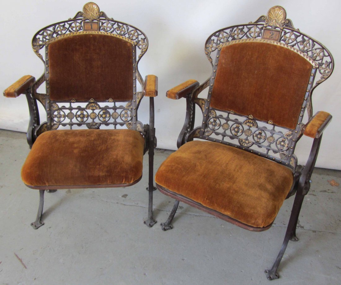 Pr. 19th C. Reticulated iron theater seats: Pr. 19th C. Reticulated iron theater seats from Kingston, NY 36"h Auction Estimate 300-600