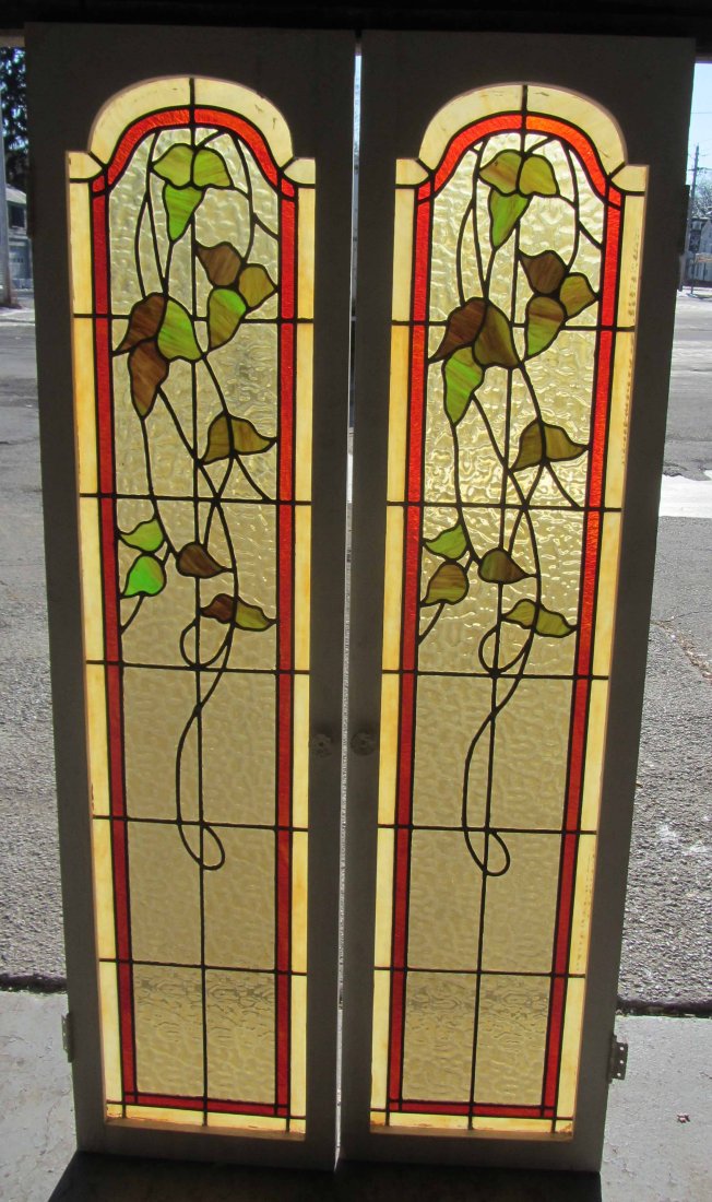 Pr. C1900 Art Nouveau leaded and stained glass drs: Pr. C1900 Art Nouveau style leaded and stained glass doors 64 x 16 Auction Estimate 300-600
