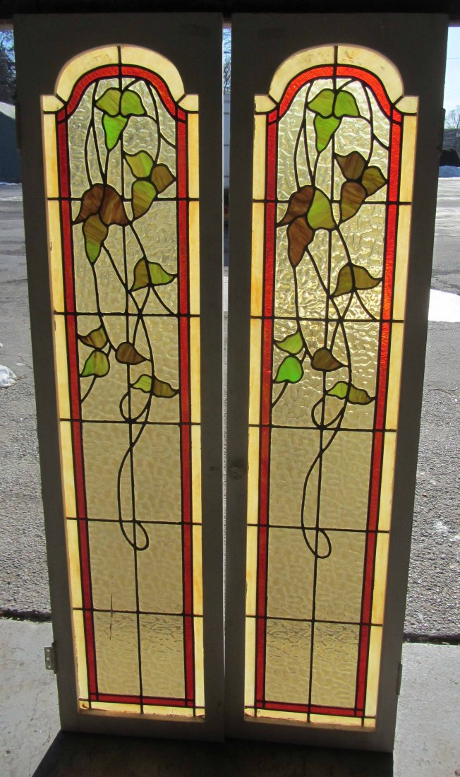 Pr. Art Nouveau style leaded & stained glass doors: Pr. C1900 Art Nouveau style leaded and stained glass doors 64 x 16 Auction Estimate 300-600