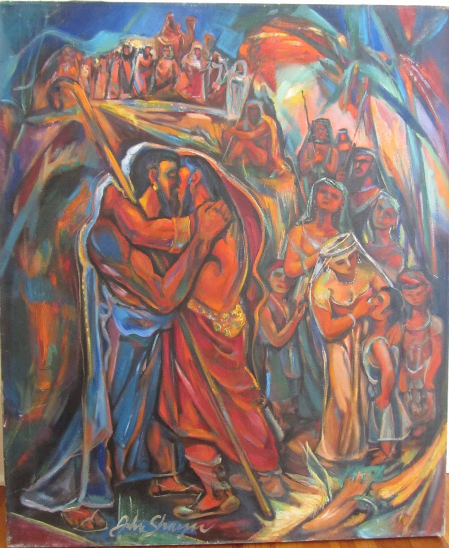 Jacob meet Esau Genesis 33-4 by John Shayn: Jacob meet Esau Genesis 33-4 by John Shayn 36 x 30 Auction Estimate 300-600