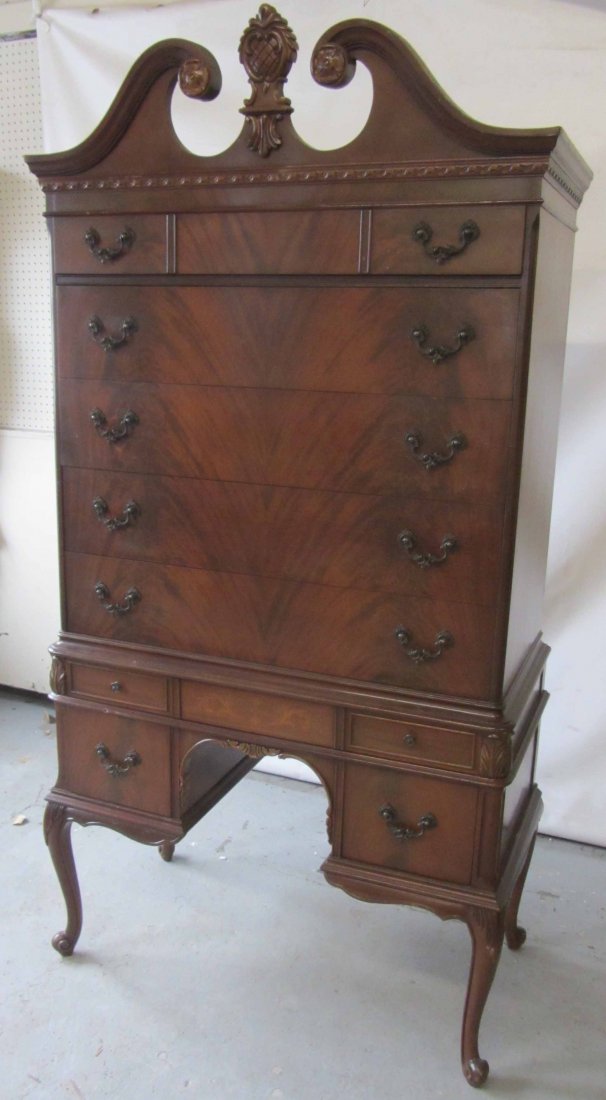 20th C. Flame Mahogany Queen Anne style highboy: Ea. 20th C. Flame Mahogany Queen Anne style highboy 74 x 38 x 19 Auction Estimate 600-1200