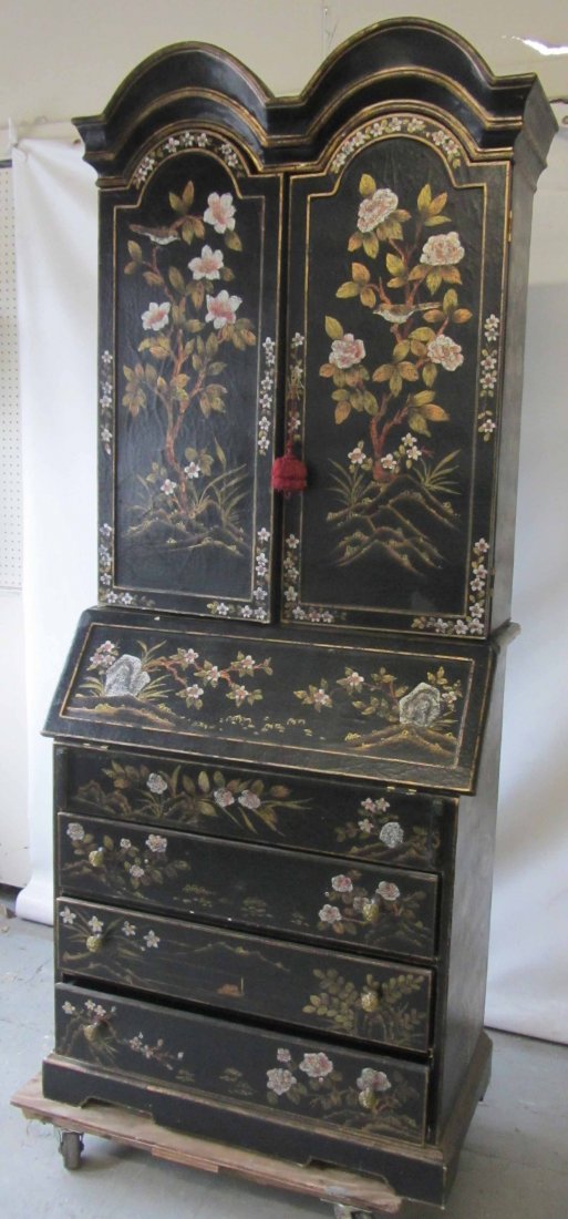 Maitland Smith handpainted leather secretary: Signed Maitland Smith handpainted leather 2 part secretary with full interior 80 x 33 x 17 Auction Estimate 600-1200
