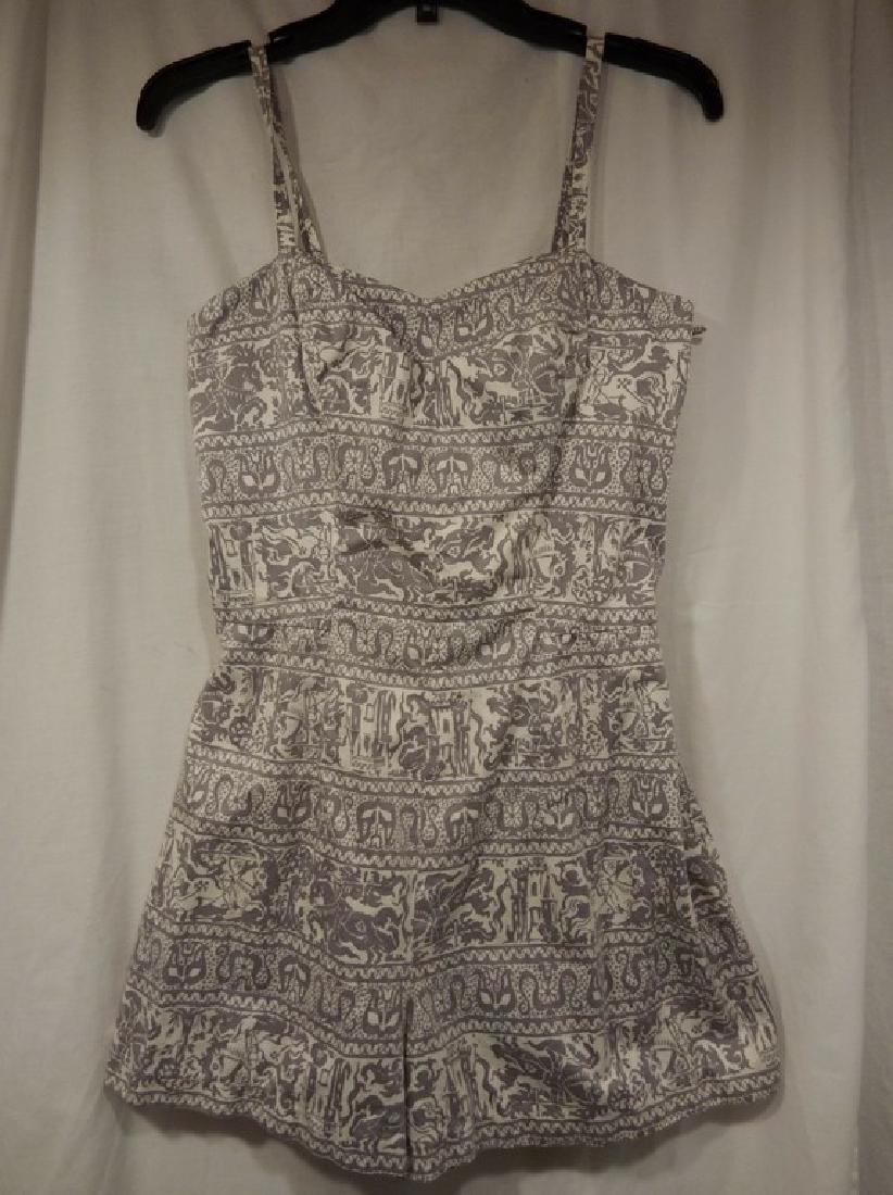 Vintage Ladies 1950's Cotton Bathing Suit: adjustable straps, boning in bra, elastic smocking in back on either side of zipper, grey & white Greek Mythological motif, approx. 36 bust, 25 waist