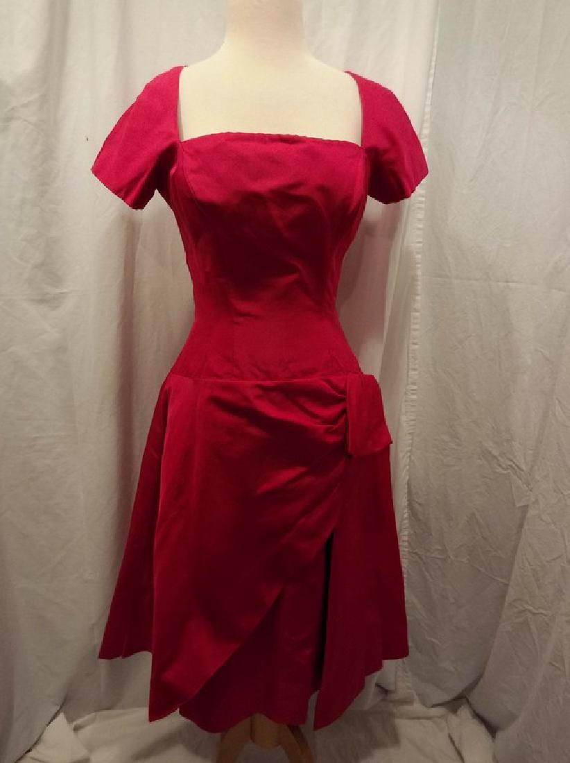 1960's Fuchsia Pink Cocktail Party Dress by Estevez: short sleeves, square low cut neckline, wrap over skirt with drape to left, back right side zipper, fitted drop waist, nicely flared skirt, appears to be silk or silk blend, approx. 36 bust, 26 waist