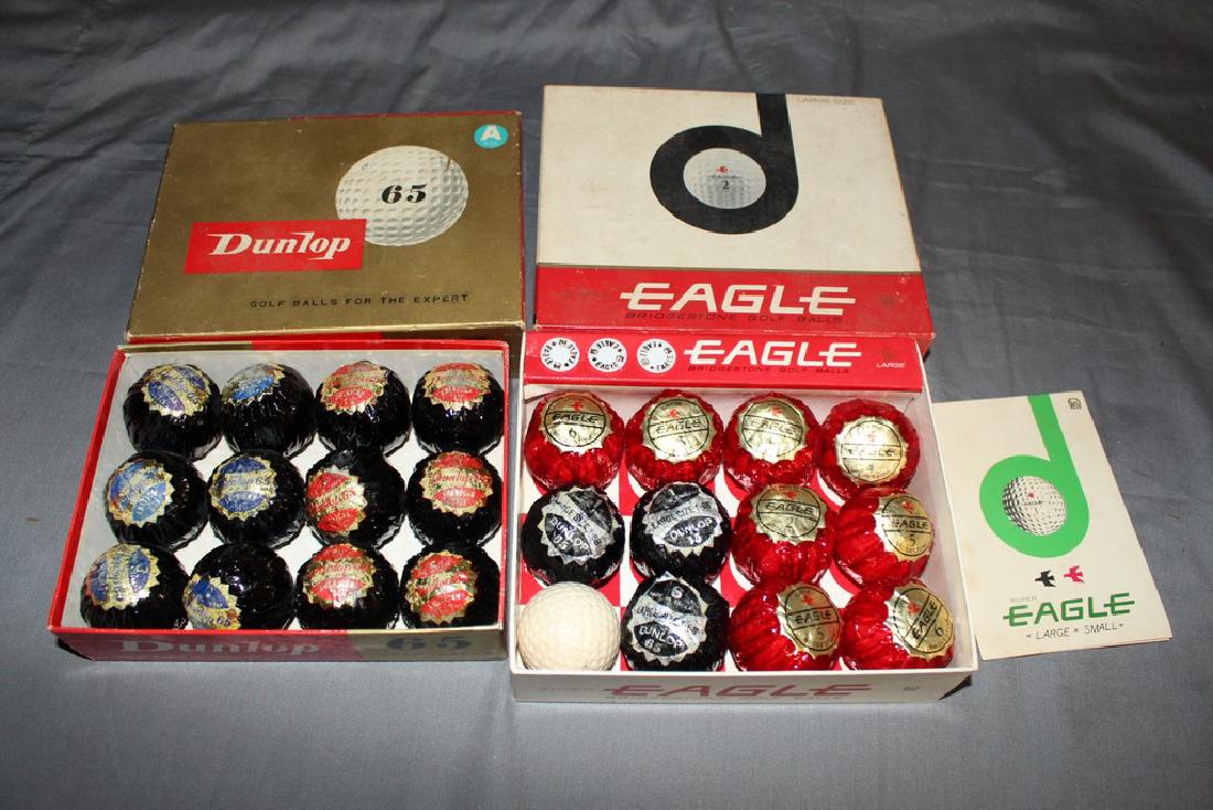 2 boxes vintage golf balls: Dunlop 65 Size A 12 balls new in wrappers, Eagle size large 12 balls 11 new in wrapper 12th open