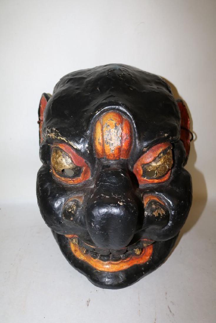 Asian Hand Made Paper Mashe Mask, Signed: approx. 17 inches tall, beautiful pale green with yellow violet and shades of green, no chips, minor wear to gold at edge
