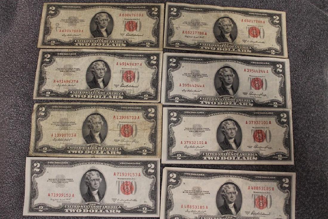 Lot of 1953 red stamp two dollar bills: Three 1953, three 1953a, two 1953b. Three are in very good condition, three are good and two are ok.