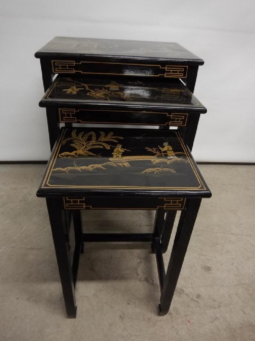 Black oriental nesting tables: Handpainted black laquer. Largest 26x20x14