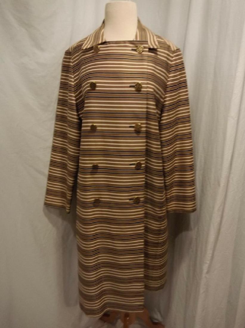 60s striped overcoat: 1960's brown black and ivory horizontal striped woven rayon overcoat, lightweight enough for fall with a square collar, double row of gold tone buttons, long sleeves, side seam pockets and fully lined
