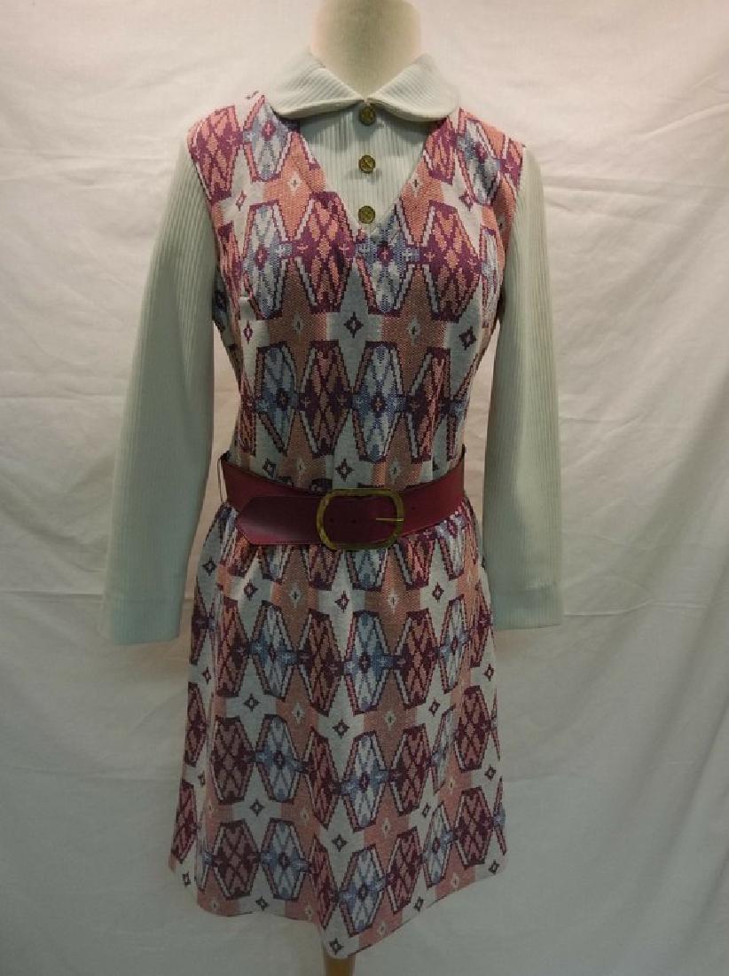 1970's Poly Knit Ladies Vintage Dress by R & K Knits: long sleeves, wide belt, puritan collar, 1 piece romper style, approx. 38 bust 36 waist