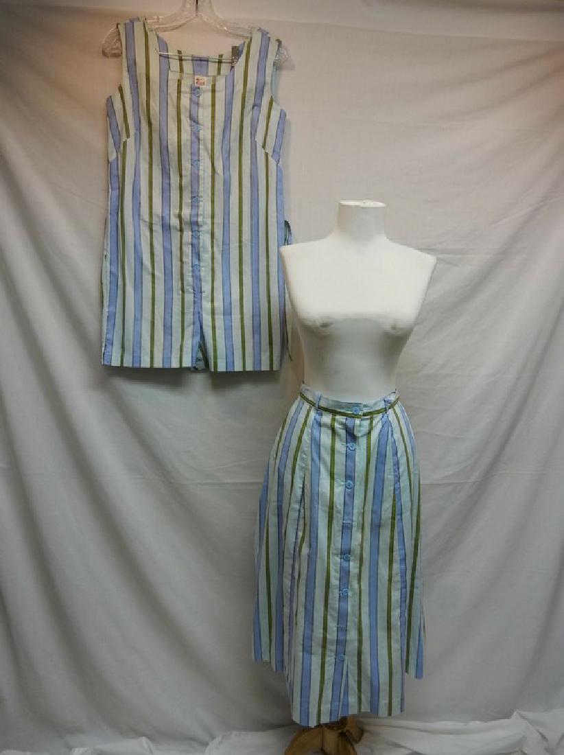1950's Cotton 2 pc Skirt & Romper set by Queens Casuals: button front sleeveless romper/shorts & full button front skirt, approx. 38 bust, 26 waist
