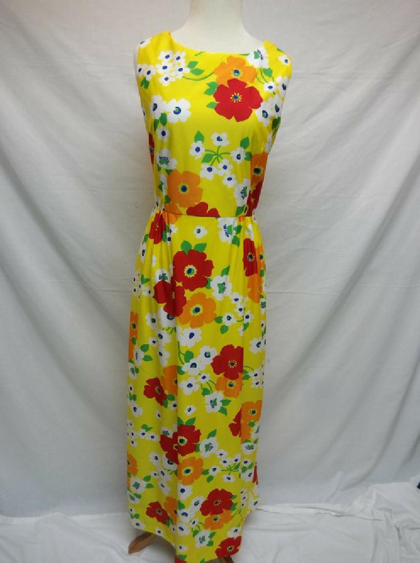 1970's Polyester Floral Maxi Dress: sleeveless sheath maxi dress, bright yellow with red, white and orange flowers, back zipper, approx. 40 bust, 32 waist
