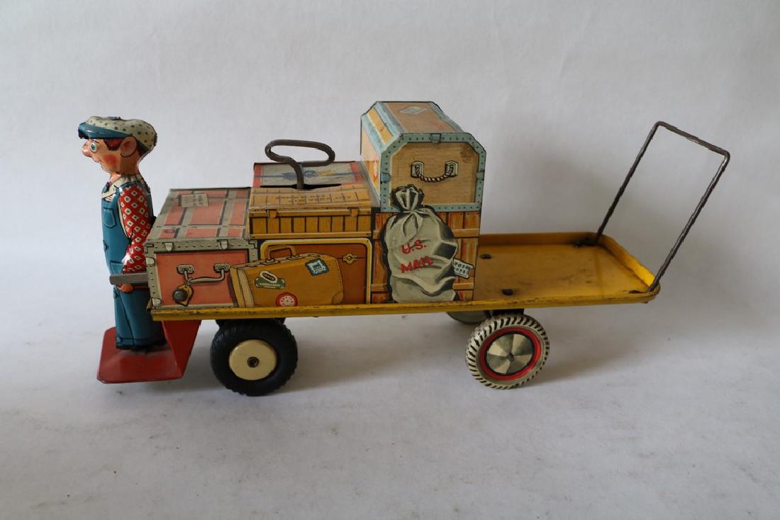 Vintage Wind Up Tin Toy Mail Man & his Cart, good: unique art manufacturing co. approx. 13 1/2 inches x 6 1/4 inches tall