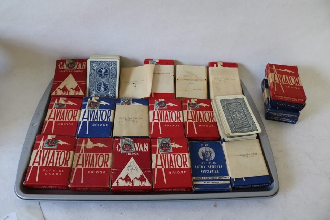 Lot of Aviator & Caavan Playing Cards for Magic Tricks: Packs, Loose Cards & 4 empty boxes, ESP Cards, short & narrow 13-deck SH&DC, Physhomatic Deck (ace-hearts), Elephant deck, svengalic deck 6-H 9S, Berg'd ultra mental deck, Vernons brain wave deck and 