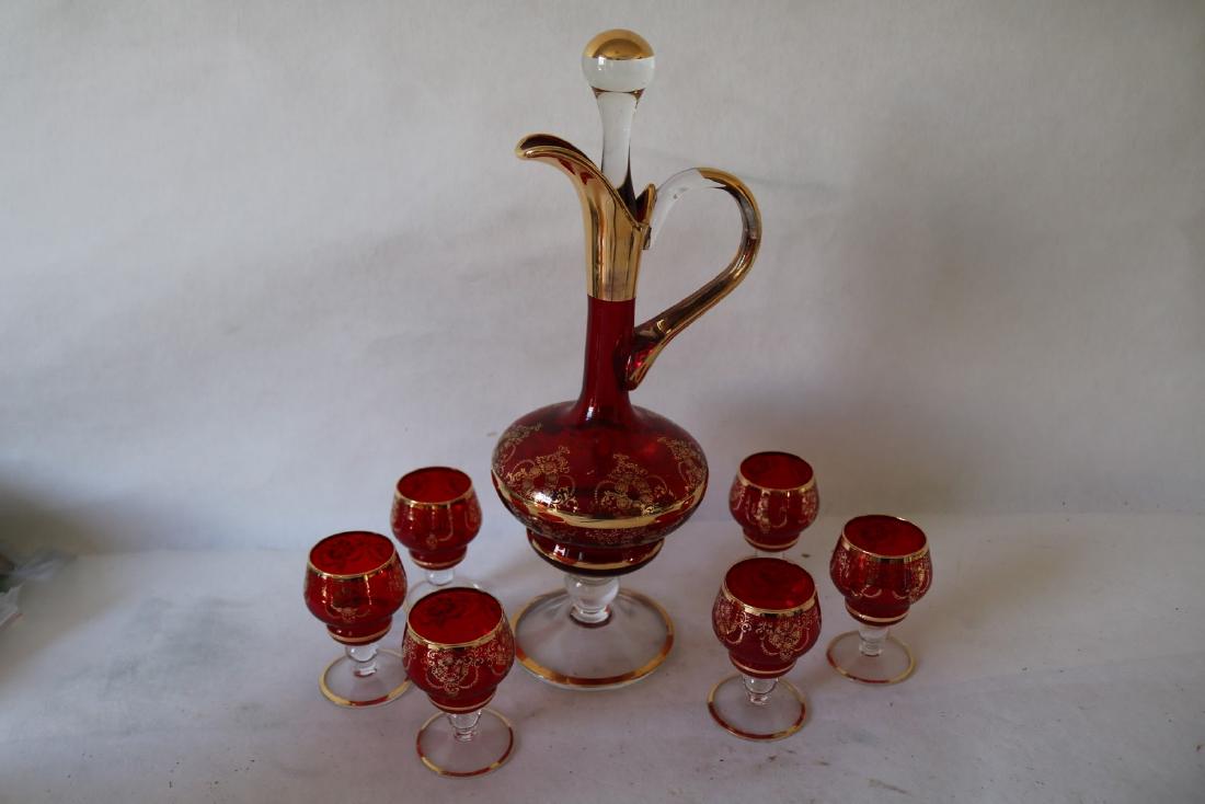 Hand Painted Bohemian Decanter & Cordial Set, Red Glass (1 of 3)