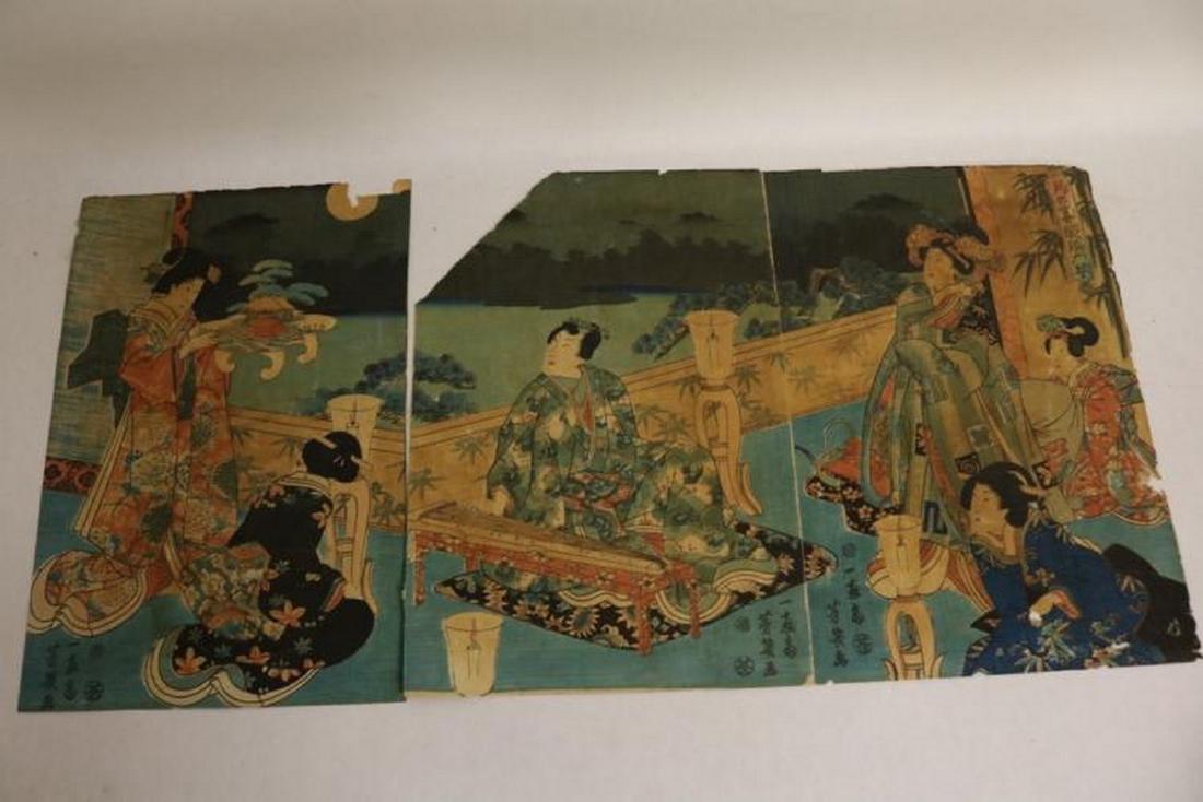 set of 3 Asian Wood Block Prints on Rice paper, signed (1 of 12)