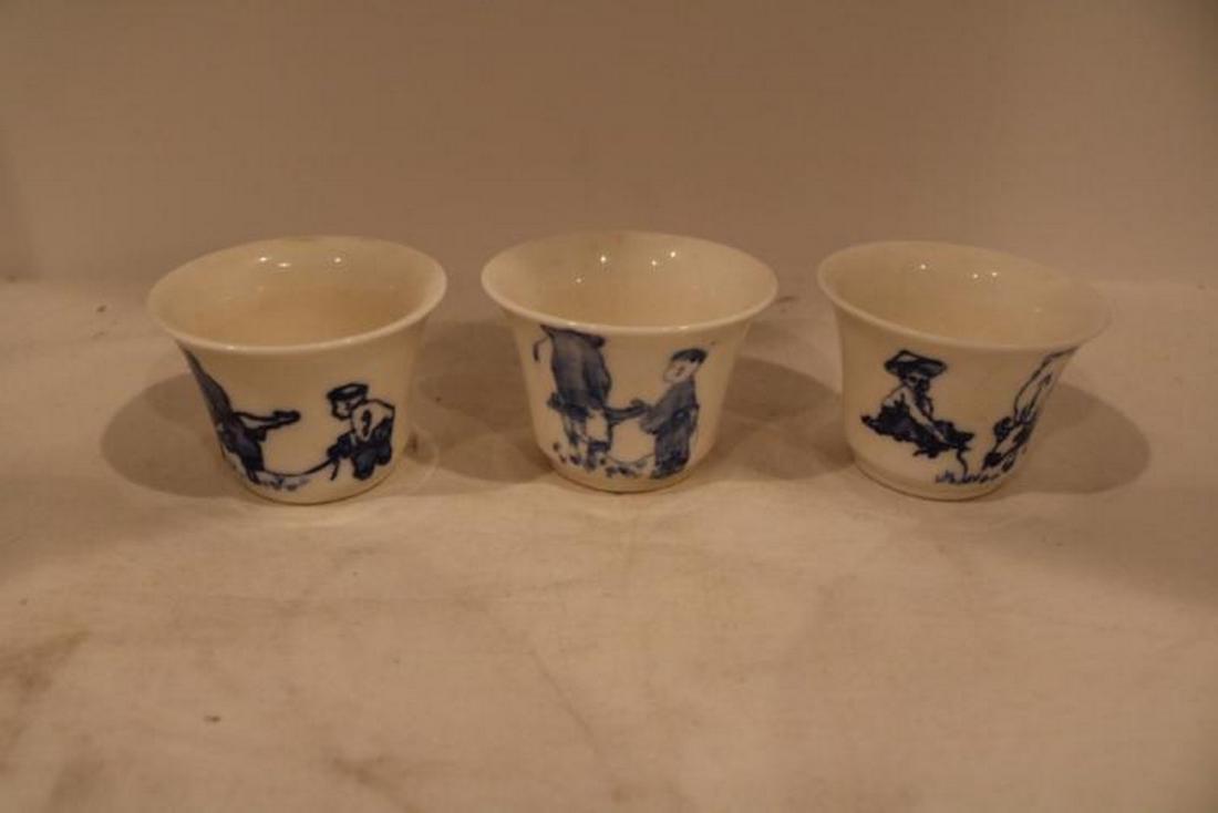 set of 3 Asian Blue & White Tea Cups, Farmer Boy & Bull: approx. 1 1/2 inches tall