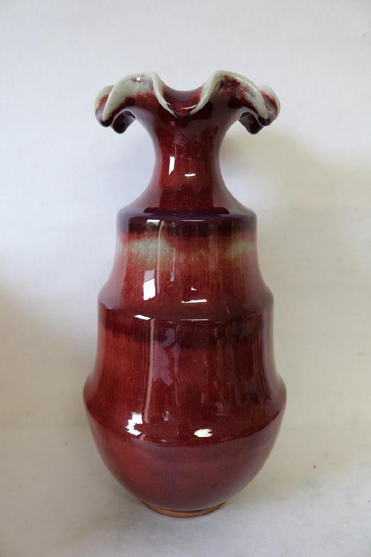 Large Asian Red Pottery Vase, Ruffled Top, signed (1 of 4)