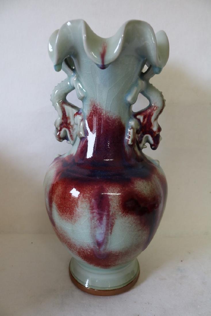 Large Asian Red & Blue Pottery Vase with Dragon Handles (1 of 7)