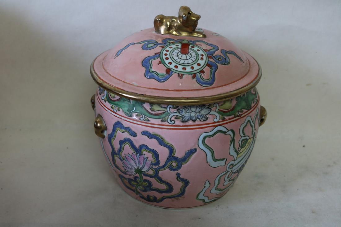 Asian Covered Jar Pink Famille Rose Signed, Foo Dog (1 of 10)