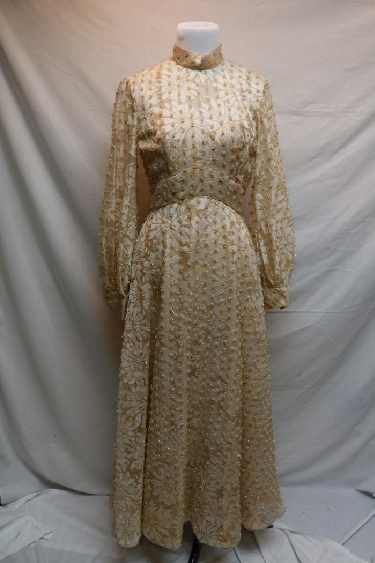 1960's Champagne Floral Gown, Metallic Gold Tinsel: Rose Taft for Couture Fashions, Maxi dress, long puff sleeves, sheer bodice with sweet heart bust, back zipper, approx. 36 bust, 27 waist
