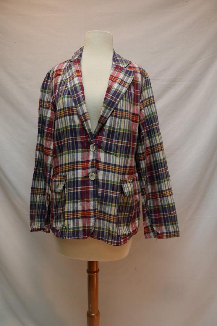 1960's Villager Madras Plaid Blazer: single breasted, ;long lapels, front pockets, 2 tiny spots, approx. 38 bust, 38 waist