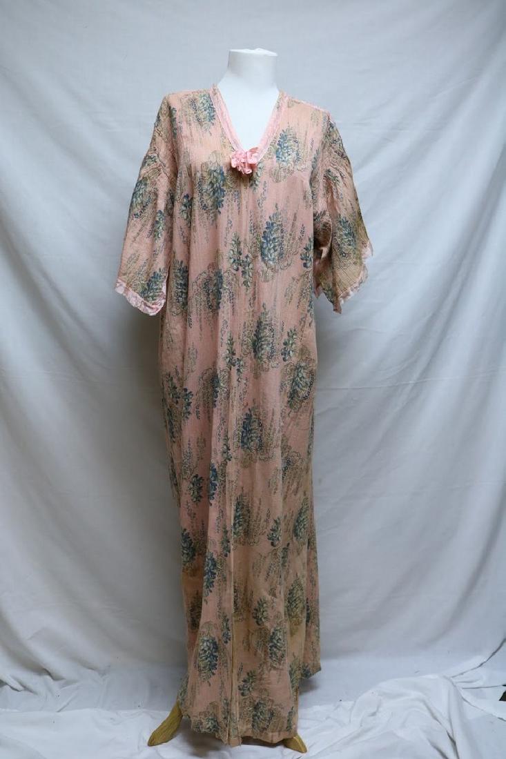 Edwardian Gauze Floral Robe with Silk Trim: Cotton Lace Sleeves under pink, smocked yoke, silk back of neck damaged, needs cleaning, approx. 48/52bust, 52