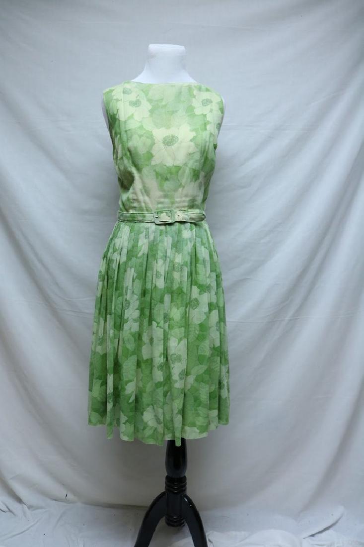 1960's Lime Green Floral Adele Maxim Dress: sleeveless, fitted waist, full skirt, fully lined, approx. 40 bust, 32 waist