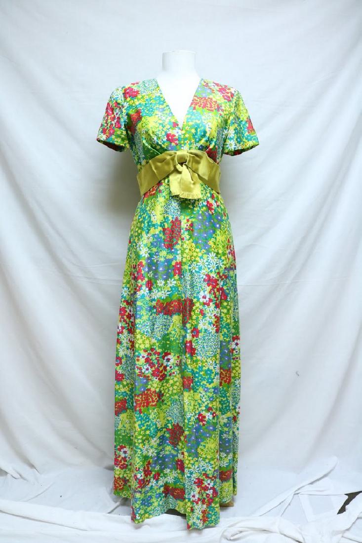 1960's Bright Floral Maxi Dress by Rona: polished cotton, cap sleeves, empire waist, long skirt, back zipper, satin bow belt, approx. 36 bust, 28 waist