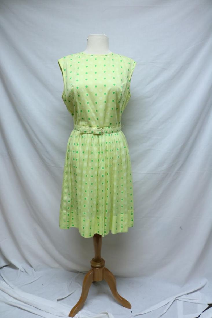 1960's Bright Yellow Green Polka-dot Dress: sleeveless, fitted waist with belt, full skirt, approx. 38 bust, 29 waist