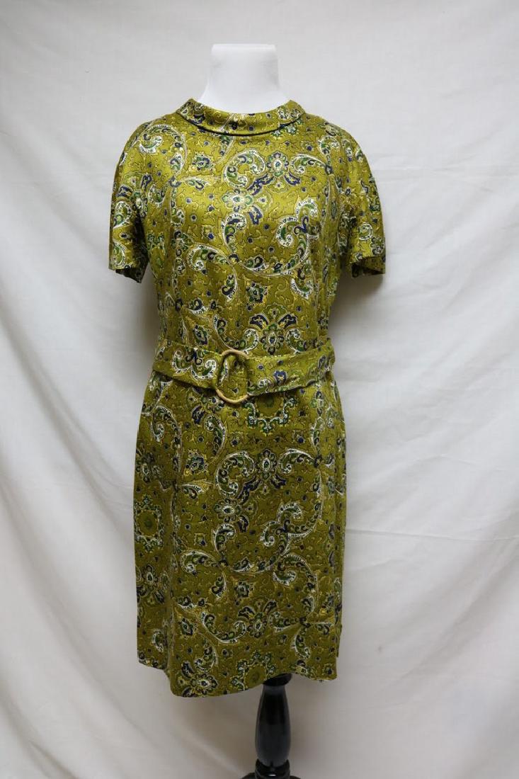 1960's Green Silk Paisley Dress: short sleeves, rolled collar, belt with wood buckle, fully lined, approx. 38 bust, 32 waist